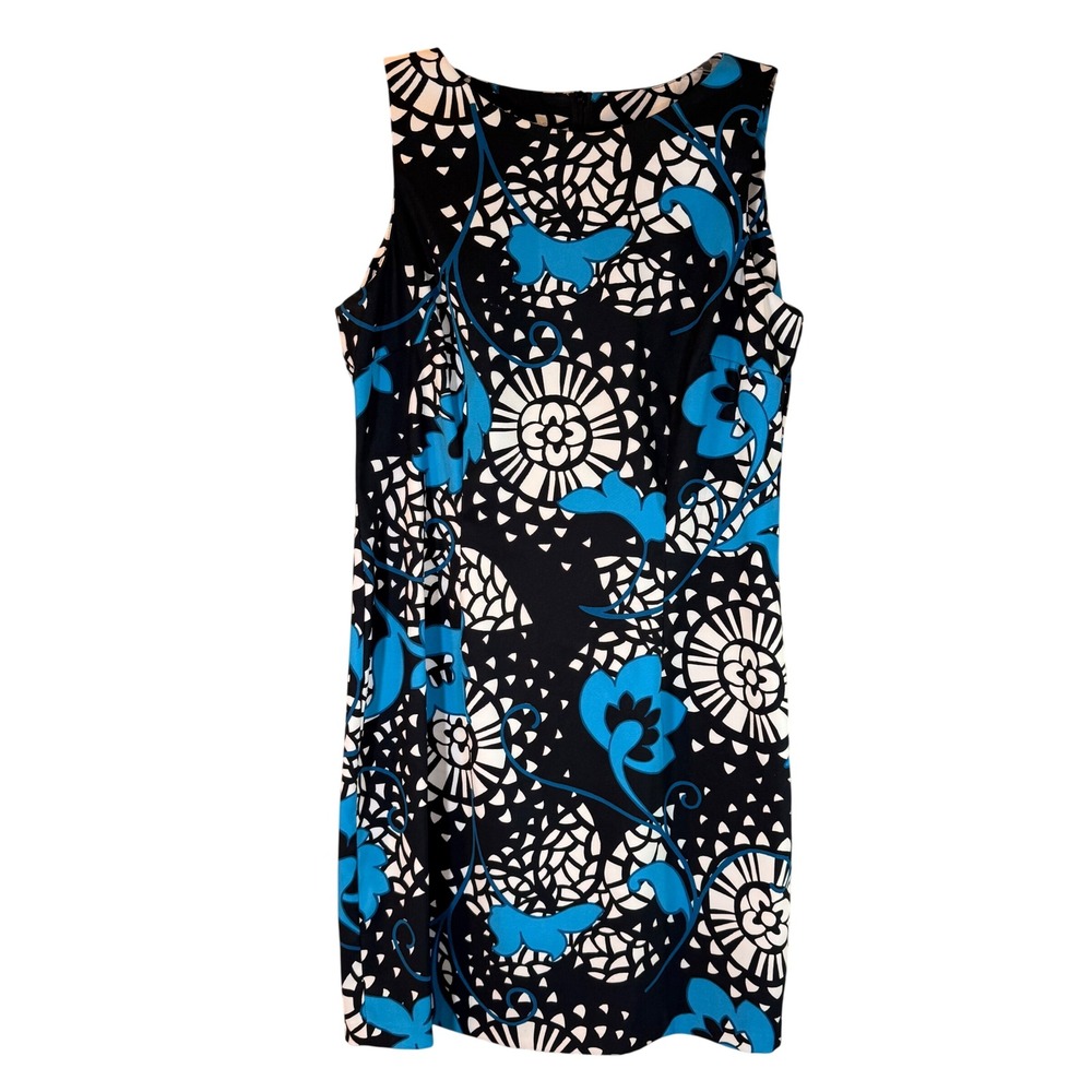 Kim Rogers Shift Dress Womens 14 Blue Black Floral Art Deco Mod Classic Retro